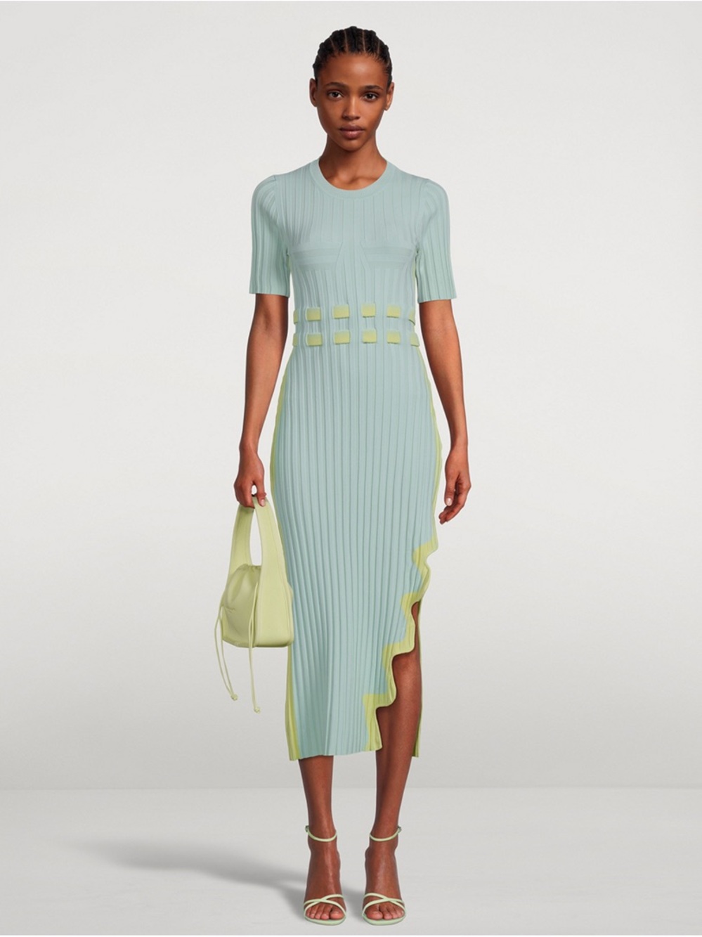PH5 Jodie Pleated Midi Dress in Mint with Yellow Trim. Super stretchy.